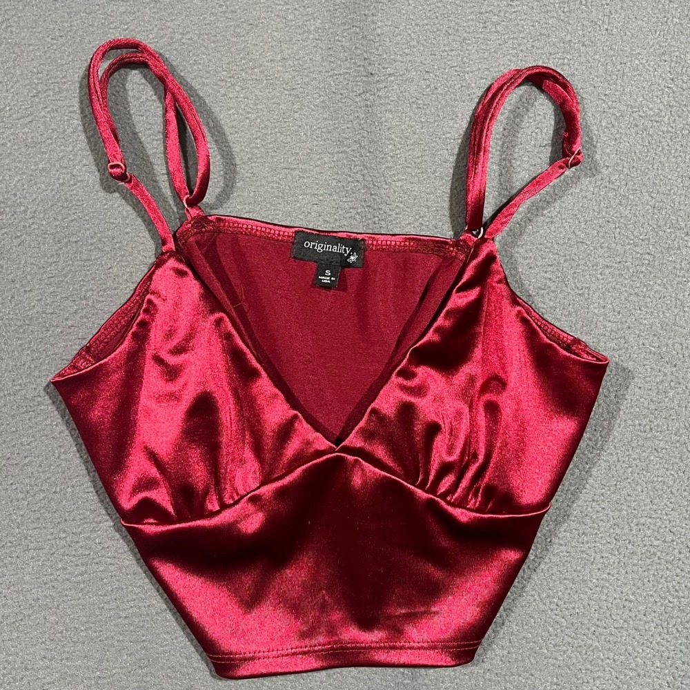 Y2K Womens Satin Crop Top Burgundy Red V-Neck Spaghetti Strap Small USA
